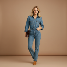Load image into Gallery viewer, Women’s Long Sleeve Denim Jumpsuit with Straight Leg Design
