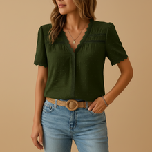Load image into Gallery viewer, Women’s V Neck Blouse with Lace Accent and Soft Texture

